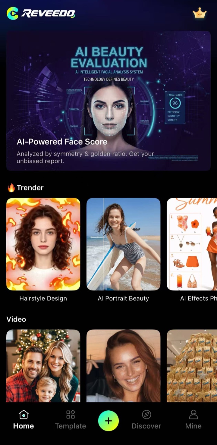 Reveedo app home screen with AI portrait, hairstyle and outfit tools